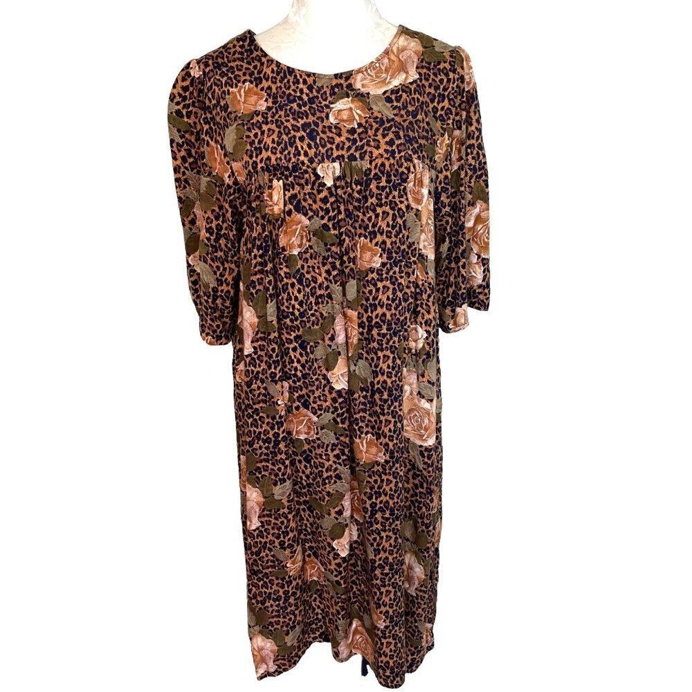 Krist Gudnason Midi Dress Womens Size Medium M Vintage Animal Rose Print Brown